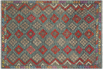 Flat Weave Kilim, Antique, Navaho, Vintage, Handmade, Geometric Kilim Charcoal Rust Hand-Woven Rectangle 100% Wool Area Rug 6 x 8